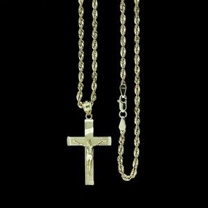 10K Yellow Gold Diamond Cut Jesus Cross Pendant & 2.5mm Rope Chain Set